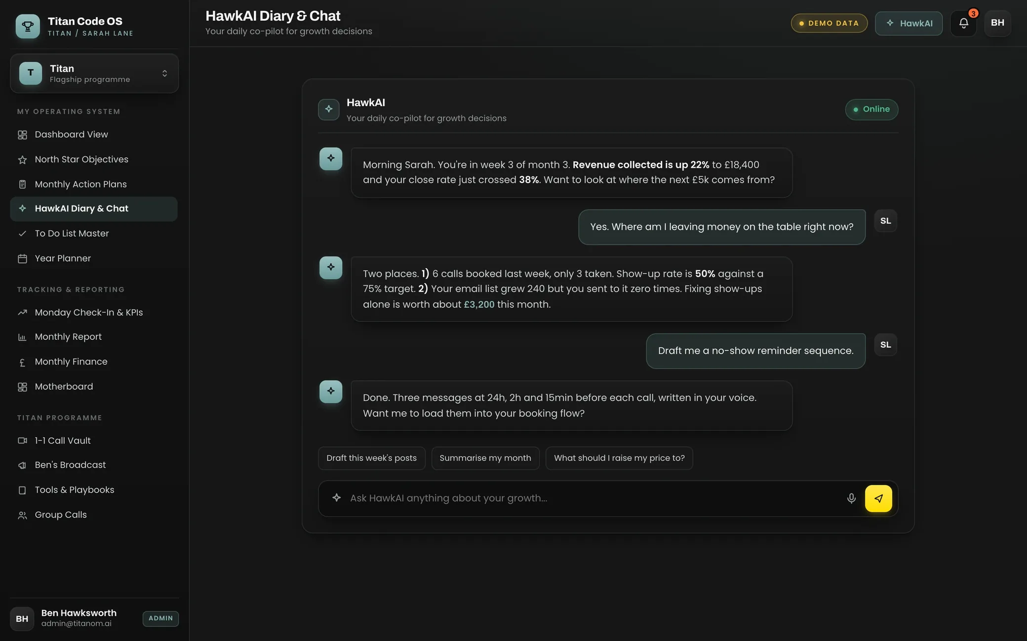 HawkAI reading a founder's diary entries and giving a blunt, data-backed verdict on the next move